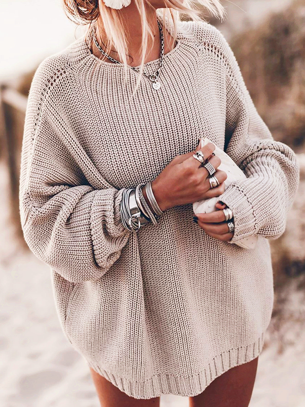 Women's Sweater – Oversized Fit – Open Knit – Long Sleeves – Side Slits