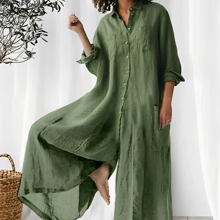 Women's Jumpsuit – Oversized Fit – Breathable Fabric – Full Length – Button Front