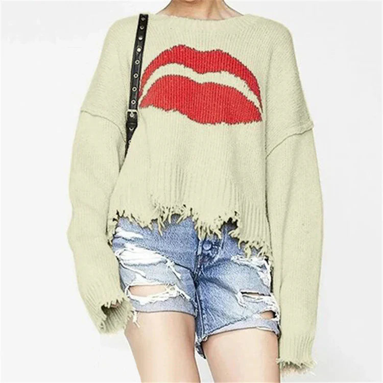 Women's Sweater – Oversized Fit – Chunky Knit – Lip Print – Fringe Hem