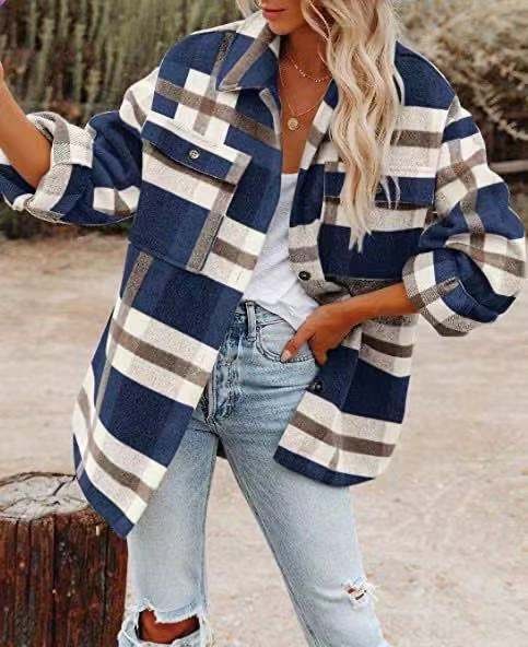 Women's Shirt Jacket - Oversized Checkered - Long with Chest Pockets and Button Closure