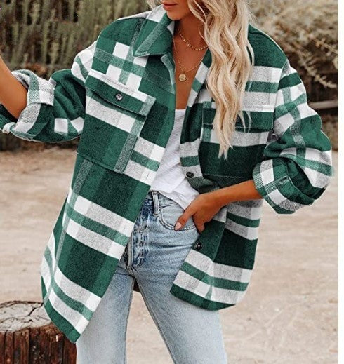 Women's Shirt Jacket - Oversized Checkered - Long with Chest Pockets and Button Closure