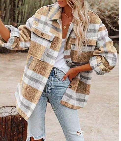 Women's Shirt Jacket - Oversized Checkered - Long with Chest Pockets and Button Closure