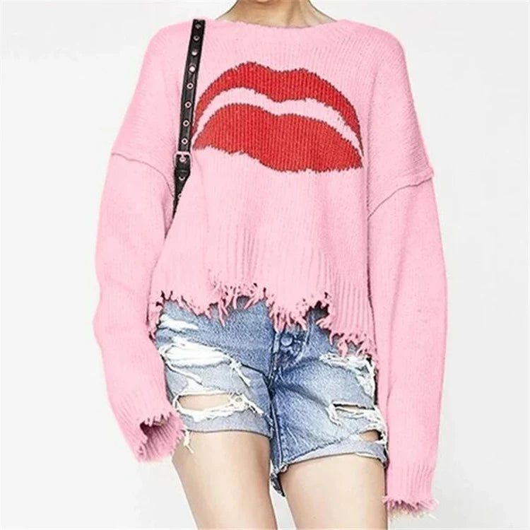 Women's Sweater – Oversized Fit – Chunky Knit – Lip Print – Fringe Hem