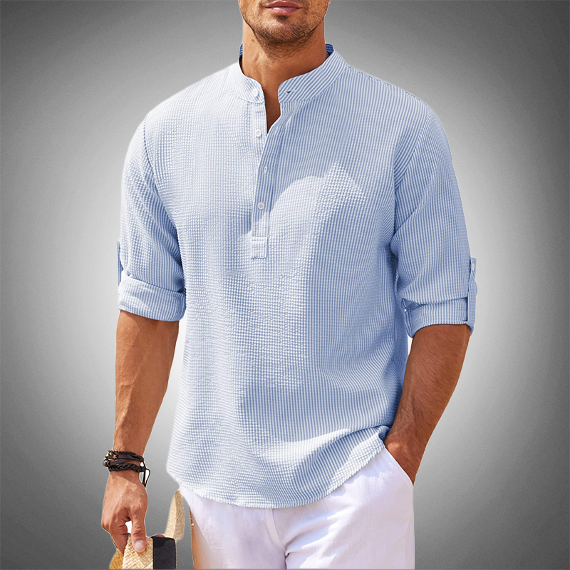 Men's Shirt – Mandarin Collar – Textured Check Pattern – Adjustable Sleeve Length – Comfortable Fit