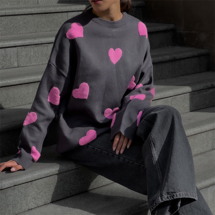 Women's Sweater – Knitted Oversized Fit – Heart Pattern – Long-Sleeved Casual