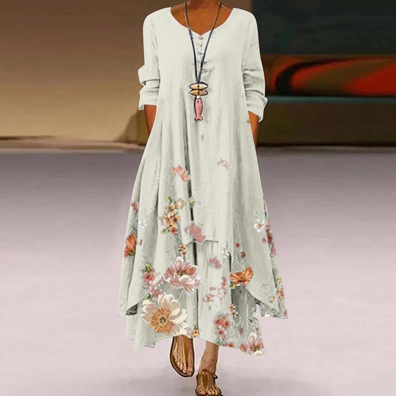 Women's Maxi Dress – Loose Fit – Long Sleeves – Floral Print – Round Neck