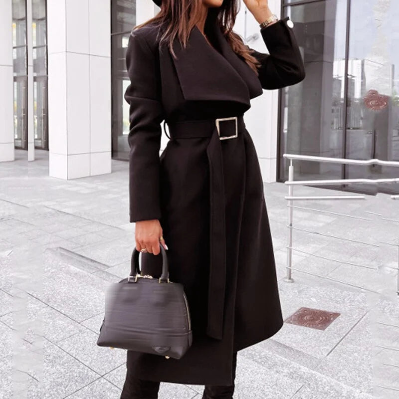 Women's Long Coat - Wool Blend - Classic Tailored Fit - Belt and Wide Lapels