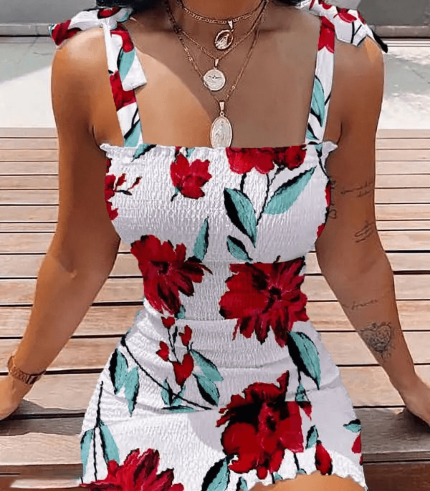 Women's Summer Dress - Thin Straps - Shirred Waist - Floral Print - Light and Airy