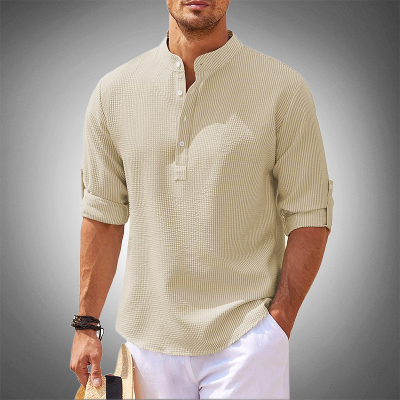 Men's Shirt – Mandarin Collar – Textured Check Pattern – Adjustable Sleeve Length – Comfortable Fit