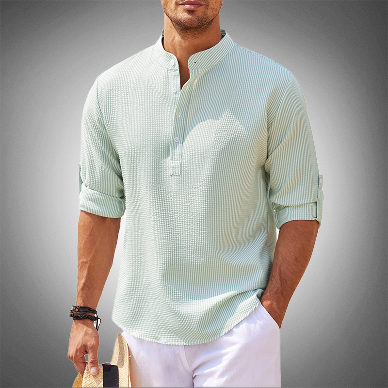 Men's Shirt – Mandarin Collar – Textured Check Pattern – Adjustable Sleeve Length – Comfortable Fit