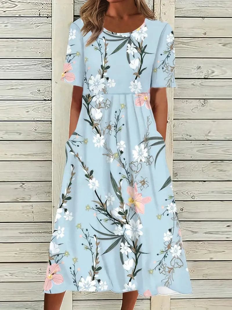 Women's Dress - A-line Midi - Floral Print - Short Sleeves - Round Neck - With Pockets