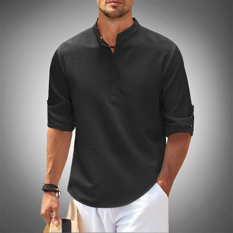 Men's Shirt – Mandarin Collar – Textured Check Pattern – Adjustable Sleeve Length – Comfortable Fit