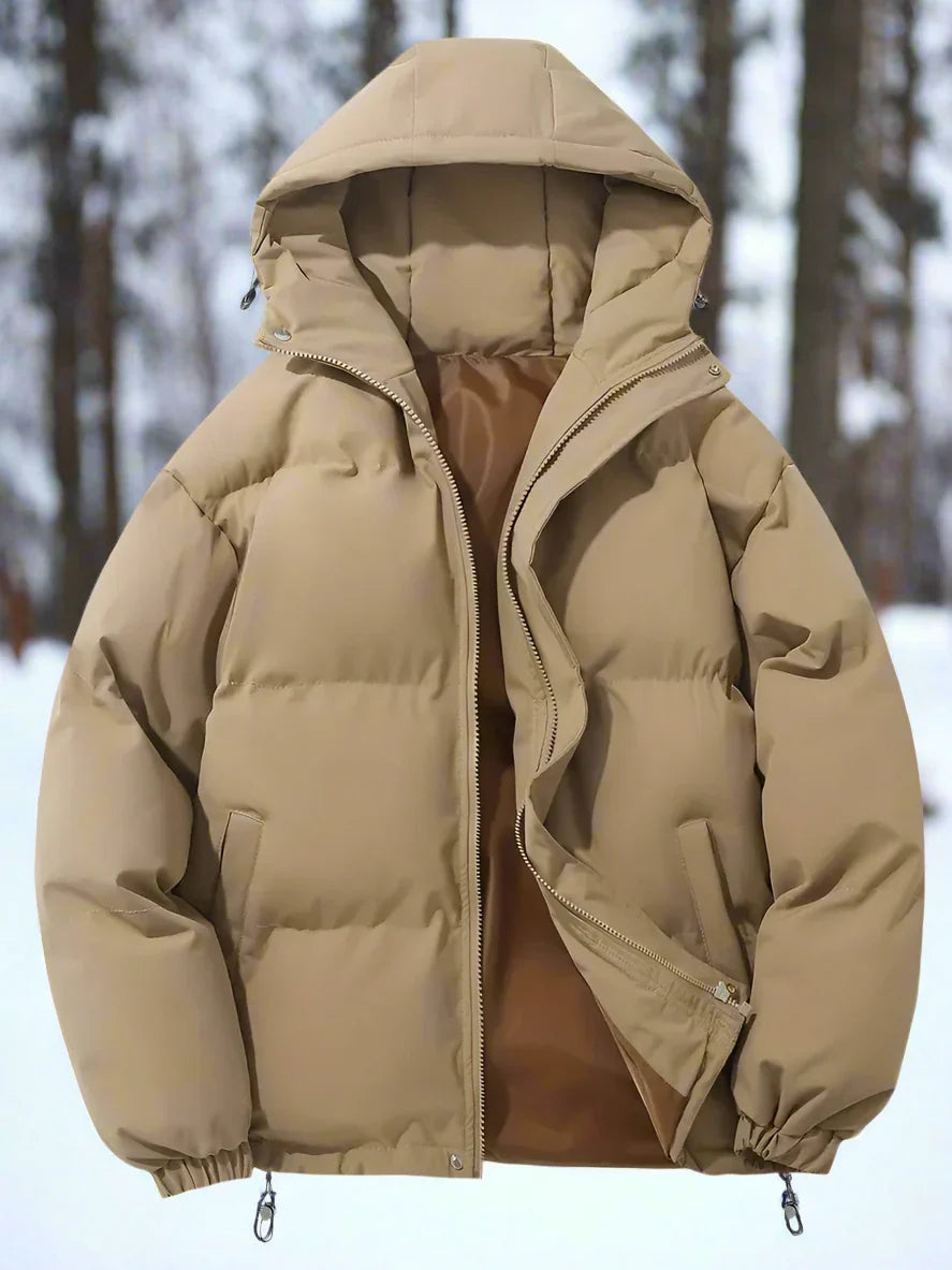 Men's Puffer Jacket - Padded and Insulating - Hood and Zipper - Practical Pockets