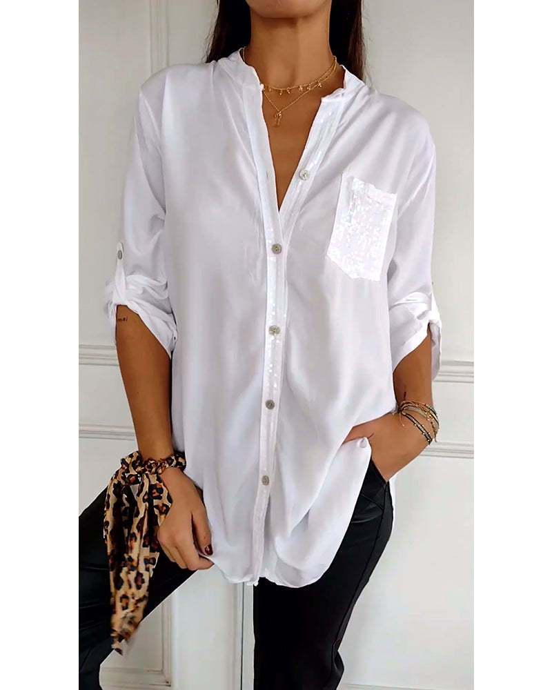 Women's Blouse – Relaxed Fit – Sequin Buttons and Chest Pocket – Breathable Fabric