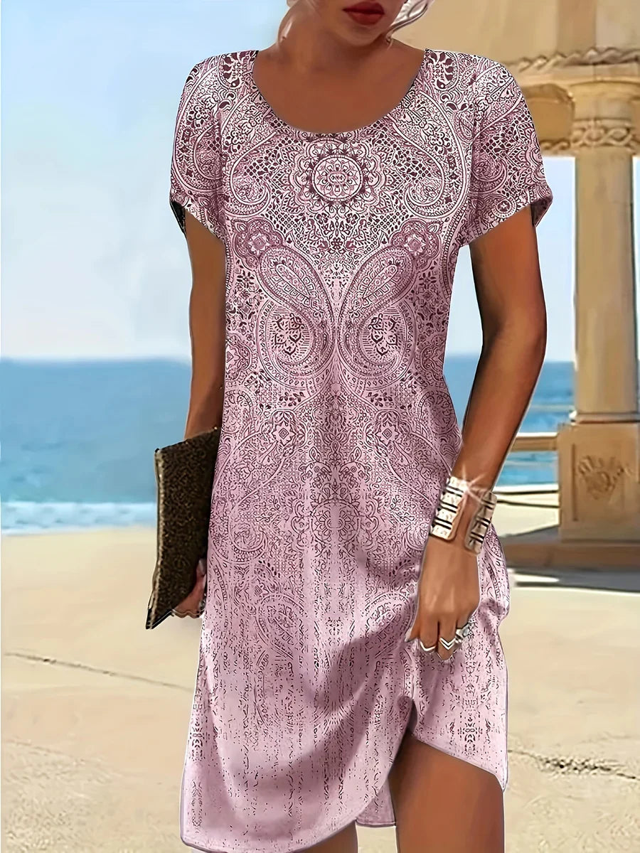 Women's Dress Midi – Relaxed Fit – Breathable Fabric – Short Sleeve – Paisley Pattern