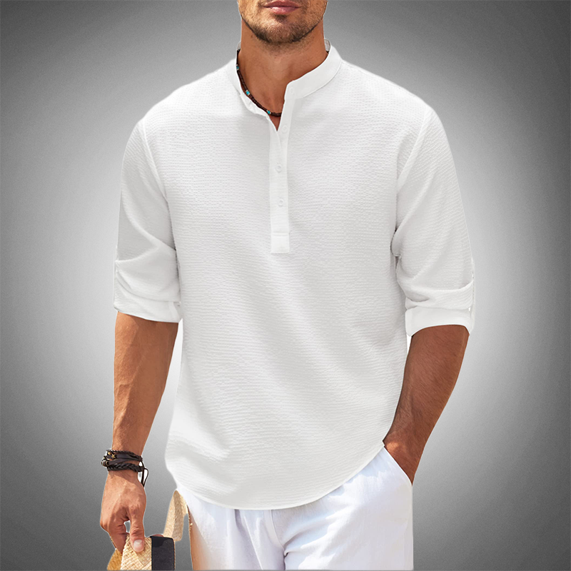 Men's Shirt – Mandarin Collar – Textured Check Pattern – Adjustable Sleeve Length – Comfortable Fit