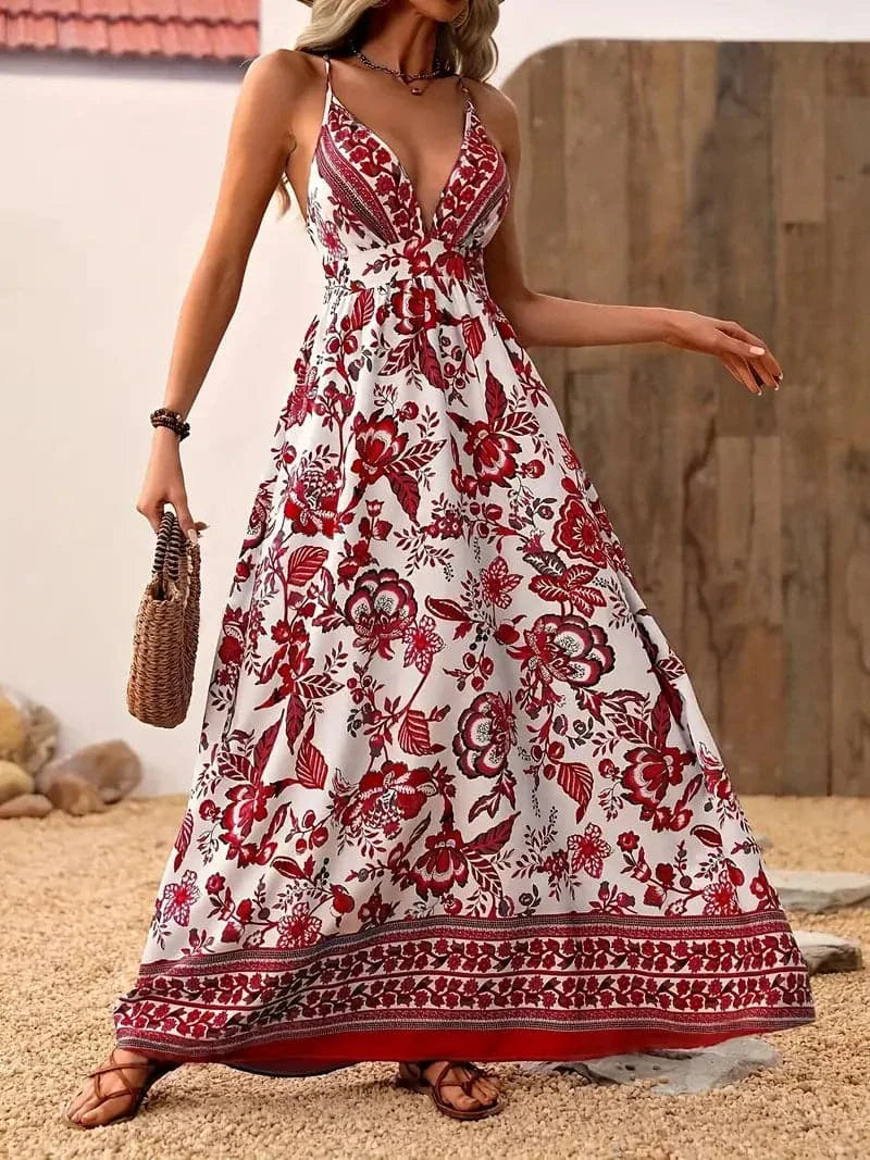 Women's Maxi Dress - V-neck Spaghetti Straps - Sleeveless A-line - Floral Print Airy Fit