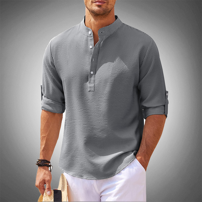 Men's Shirt – Mandarin Collar – Textured Check Pattern – Adjustable Sleeve Length – Comfortable Fit