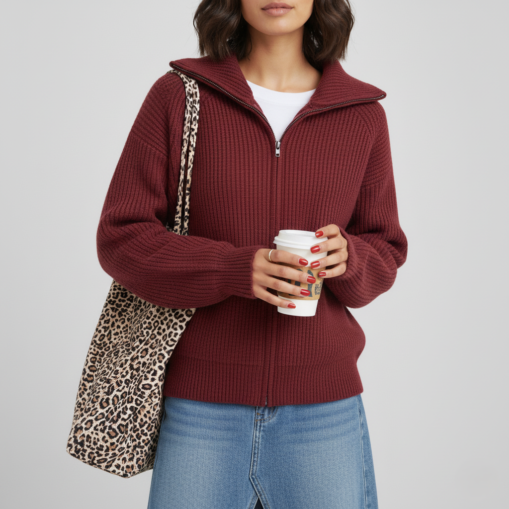 Women's Cardigan – Fitted Fit – Ribbed Knit Wool – High Collar – Zipper Closure