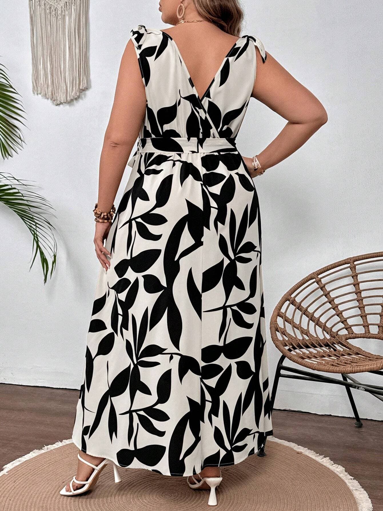 Women's Maxi Dress – Sleeveless with V-Neck – Belted Waist – Flowing Patterned Skirt