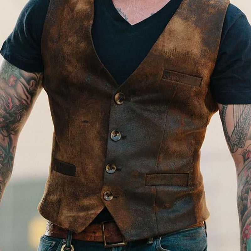 Men's Vest – Slim Fit – Worn Texture – Buttons – Relaxed Layered Style