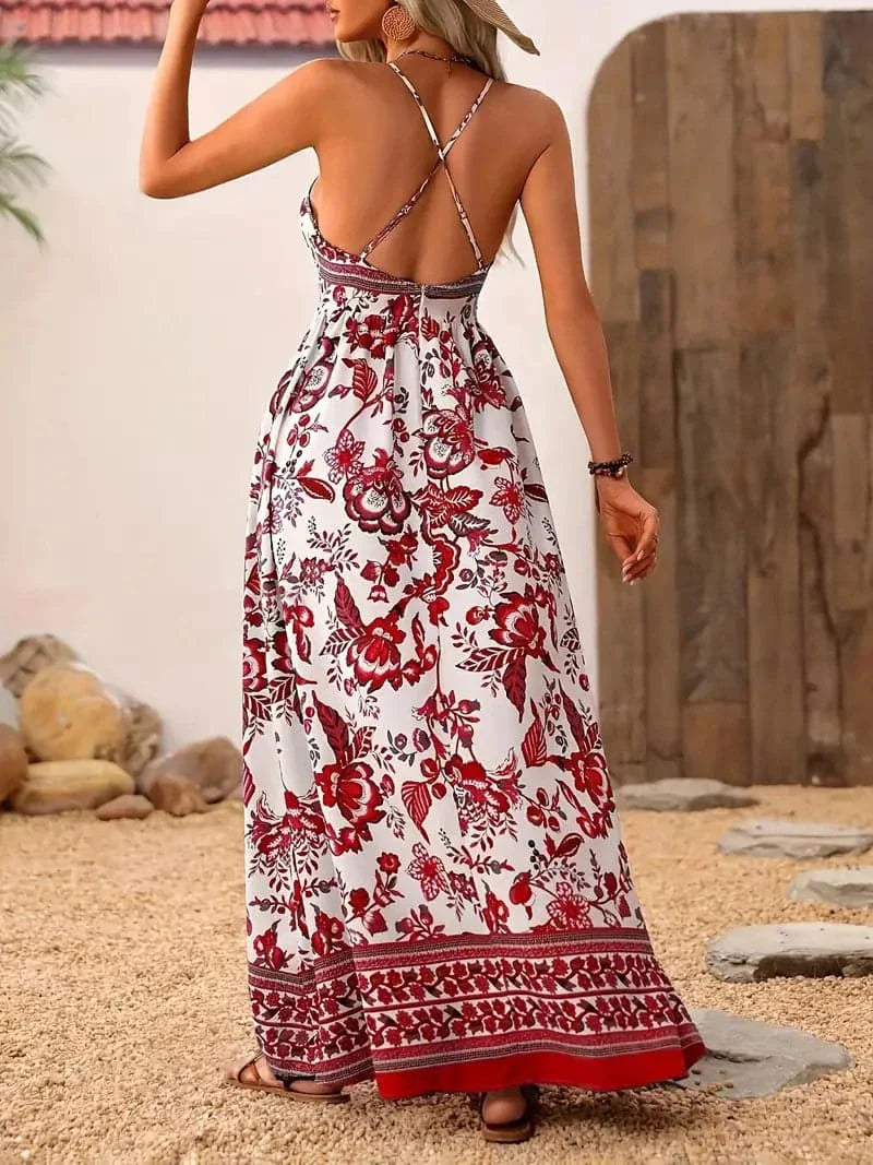 Women's Maxi Dress - V-neck Spaghetti Straps - Sleeveless A-line - Floral Print Airy Fit