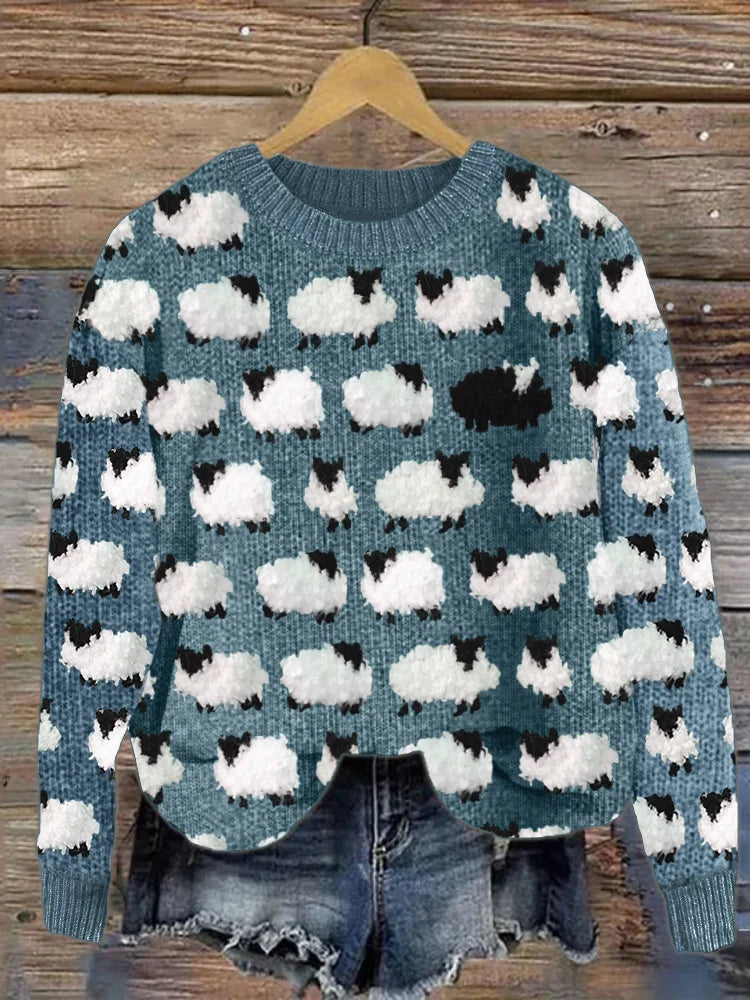 Women's Sweater – Relaxed Fit – Wool Knit – Round Neck – Sheep Pattern