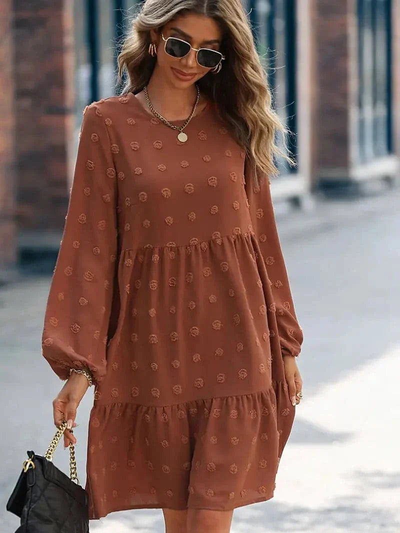 Women's Dress - Layered Design - Long Sleeves - Embroidered Texture - Comfortable Fit