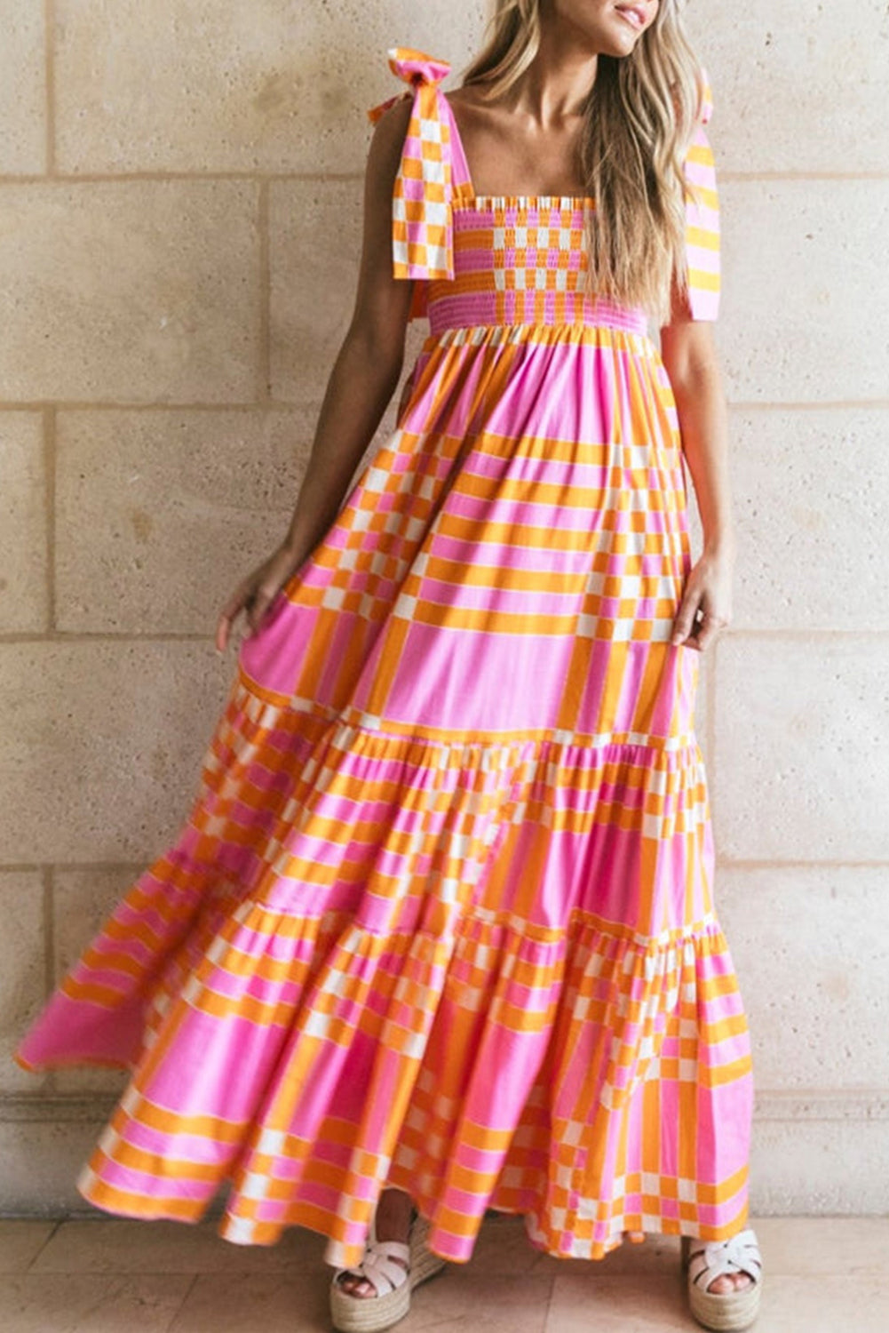 Women's Dress – Maxi A-line – Bow Straps – Check Pattern – Lightweight Fabric
