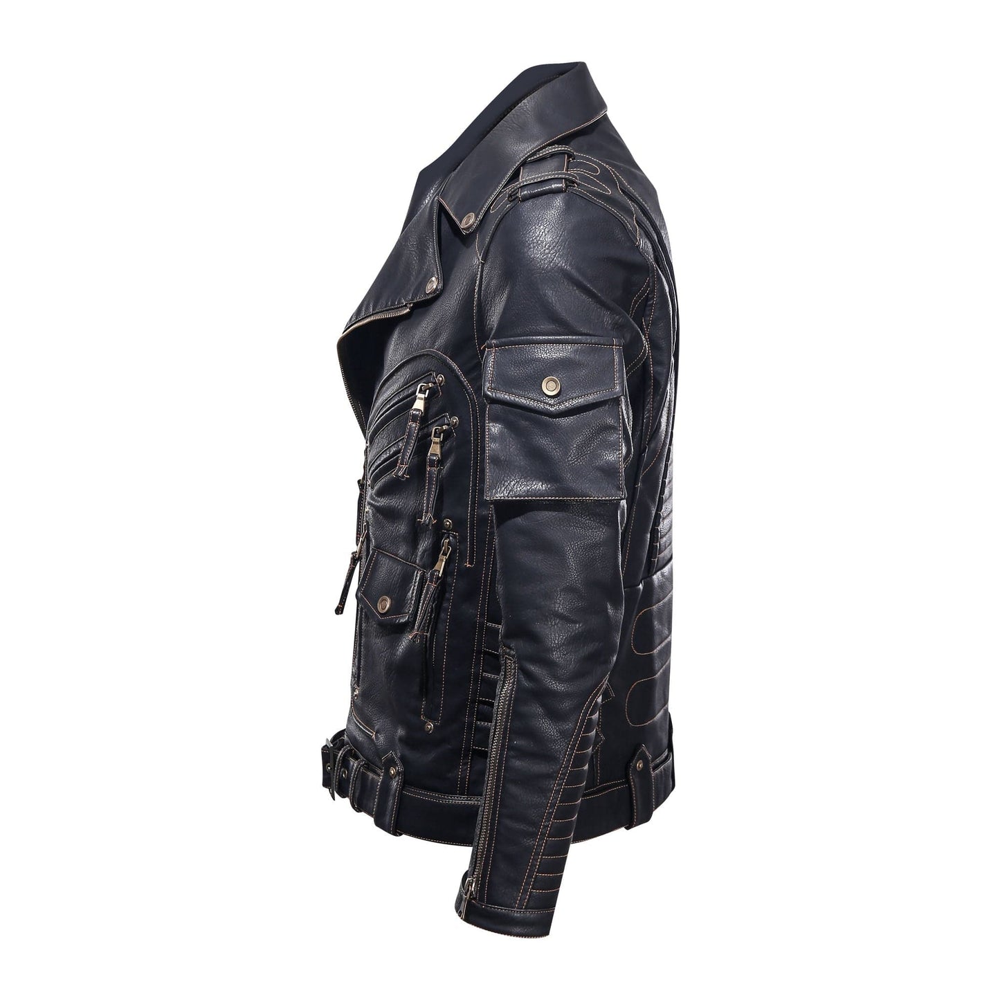 Men's Leather Jacket – Biker Style – Asymmetric Zipper – Belt at Waist – Multiple Pockets