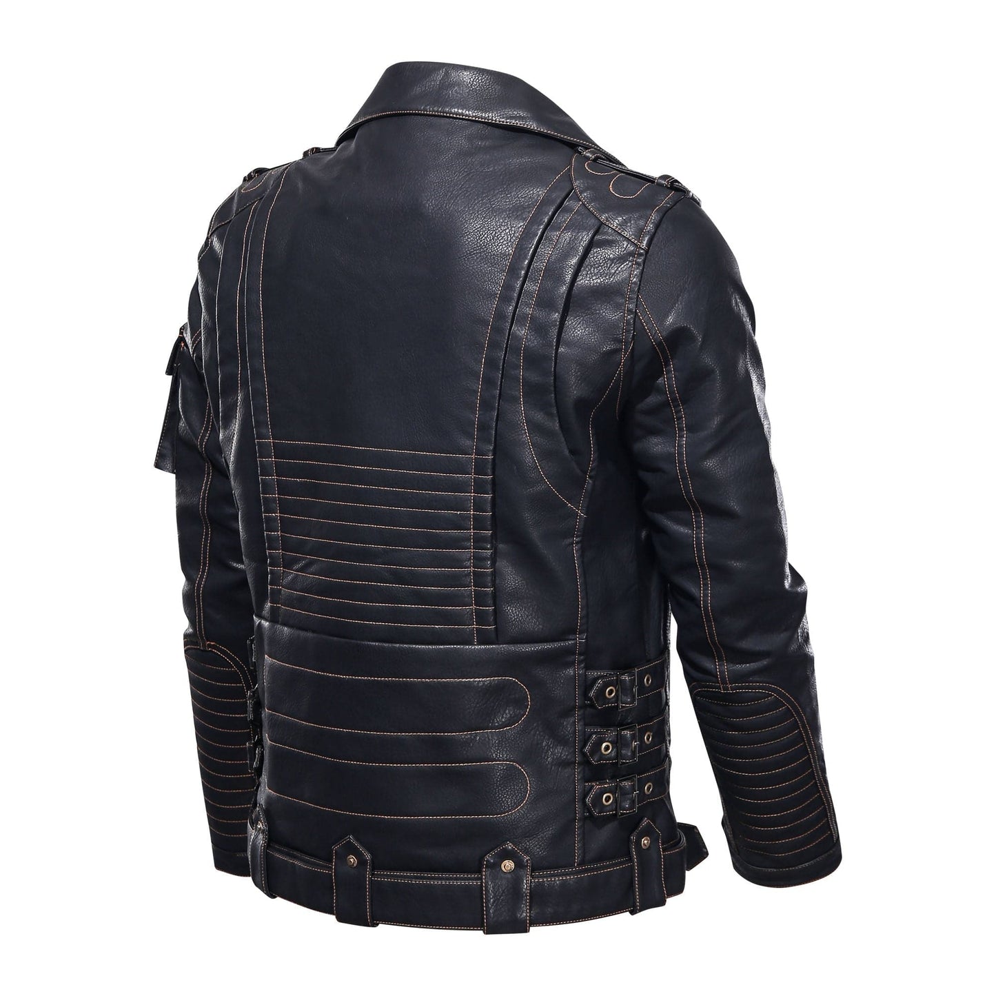 Men's Leather Jacket – Biker Style – Asymmetric Zipper – Belt at Waist – Multiple Pockets