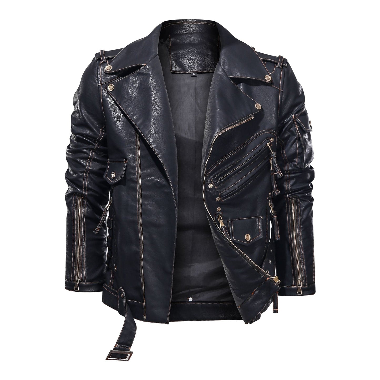 Men's Leather Jacket – Biker Style – Asymmetric Zipper – Belt at Waist – Multiple Pockets