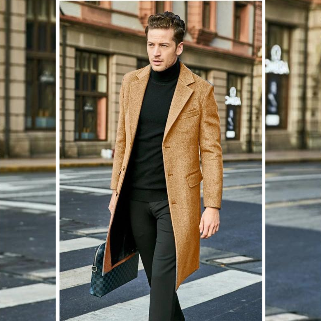 Men's Coat – Tailored Fit – Knee Length – Wool Texture – Classic Cut