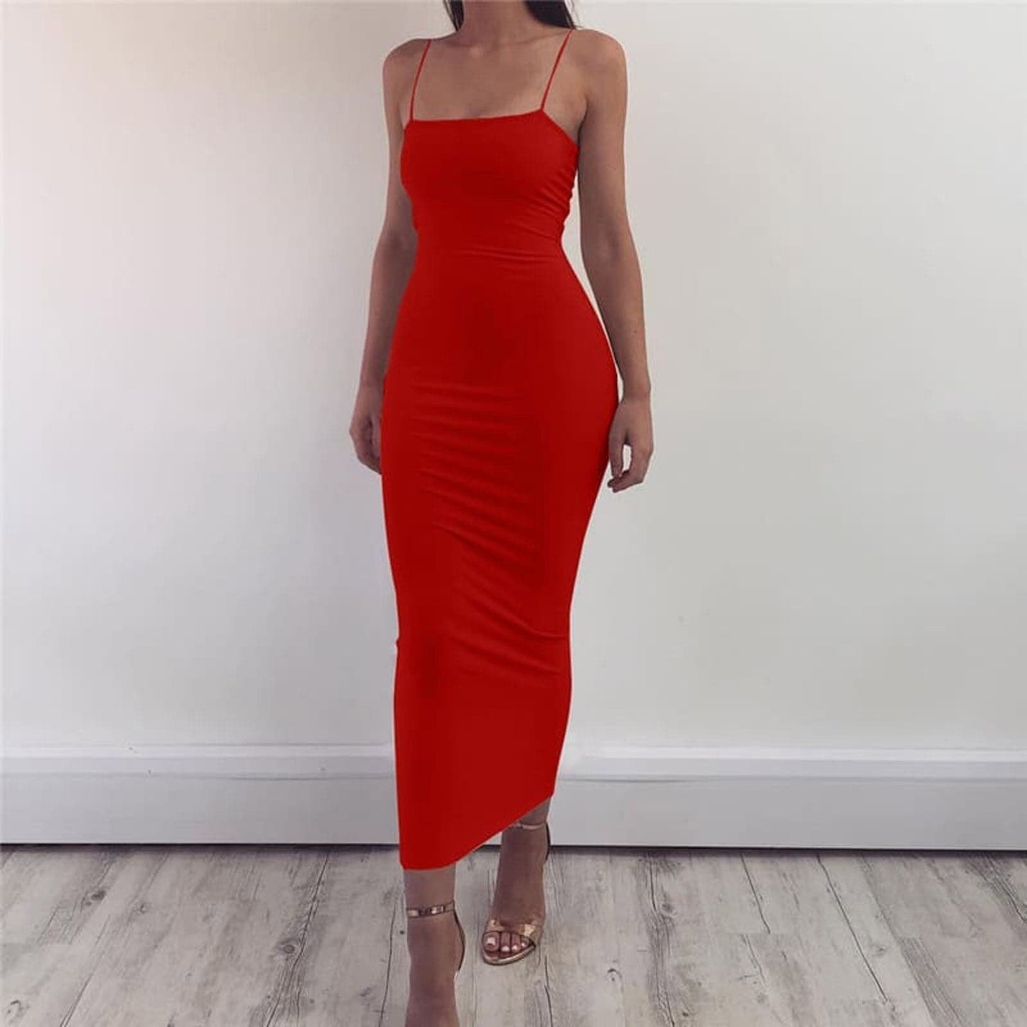 Women's Midi Dress - Tight Bodycon Fit - Square Neckline - Spaghetti Straps
