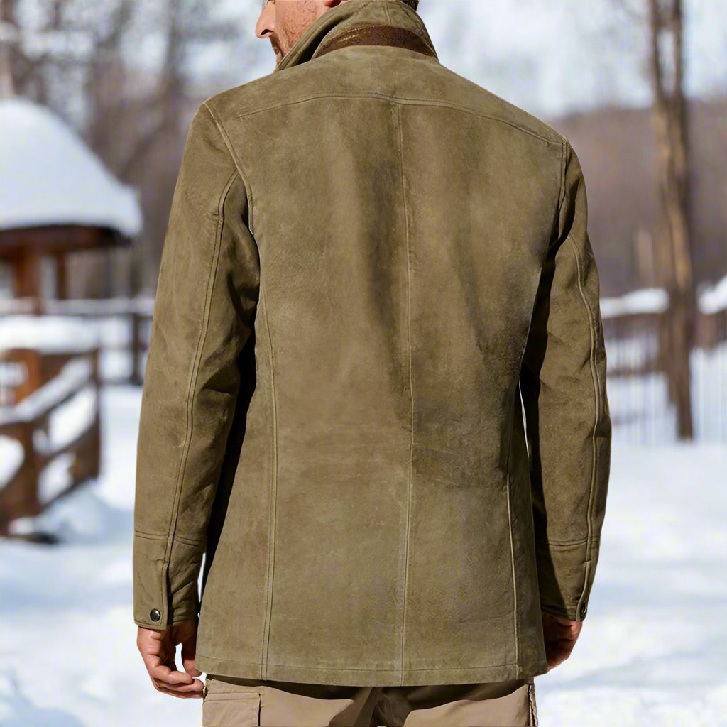 Men's Coat - Suede Look with Leather Details - Structured Fit - Button Closure