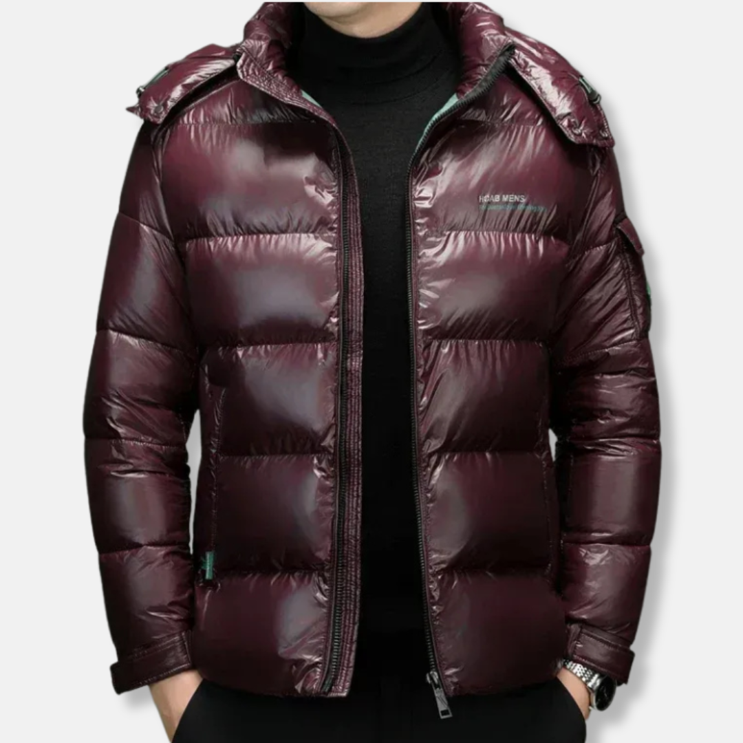 Men’s Puffer Jacket - Synthetic - Waist Length - Stand Collar - Full-Zip Closure