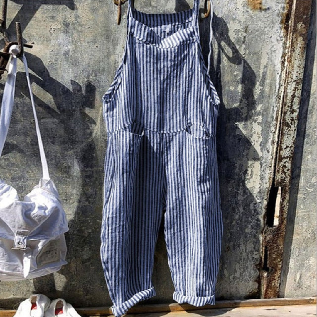 Women's Jumpsuit – Relaxed Fit – Wide Legs – Sleeveless – Natural Fibers – Adjustable Straps – Checkered Pattern