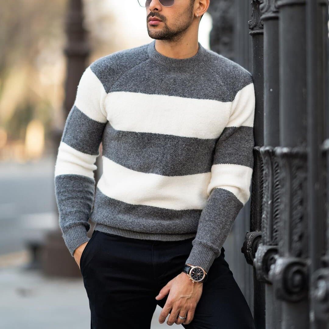 Men's Sweater - Knitted with Round Neck - Classic Stripe Pattern - Soft and Warm Fit