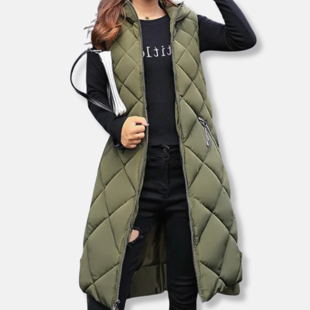 Ruby Relaxed Fit Long Puffer Vest | Hooded Quilted Vest