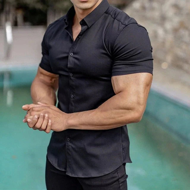 Men's Shirt with Short Sleeves – Slim Fit – Stretch Fabric – Button Closure – Everyday Use