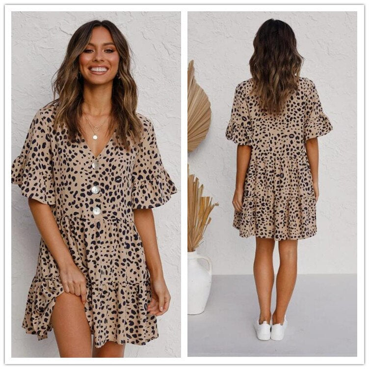 Women's Dress - Flowy Fit - Animal Print - Knee-Length with Buttons and Ruffle Sleeves