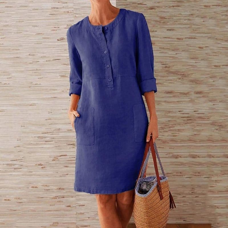 Women's Shirt Dress - Airy Linen Blend - Straight Fit - Buttons and Front Pockets