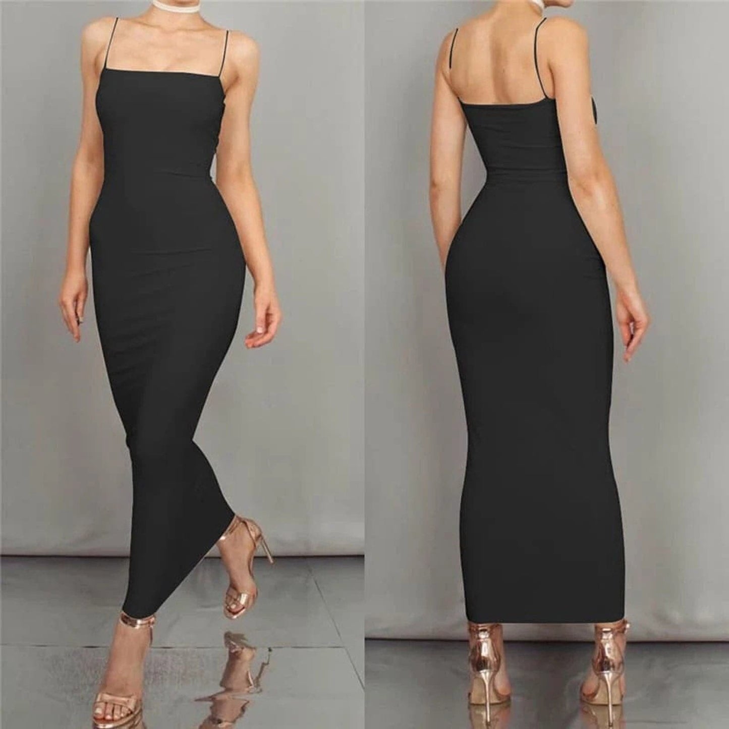 Women's Midi Dress - Tight Bodycon Fit - Square Neckline - Spaghetti Straps