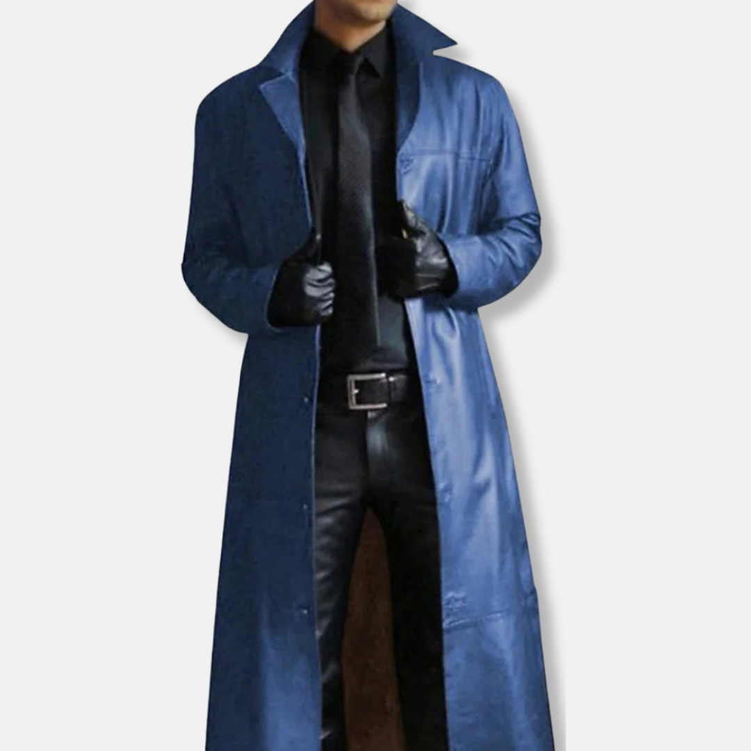 Men's Long Coat – Tailored Fit – Smooth Leather Look – Formal Button Closure