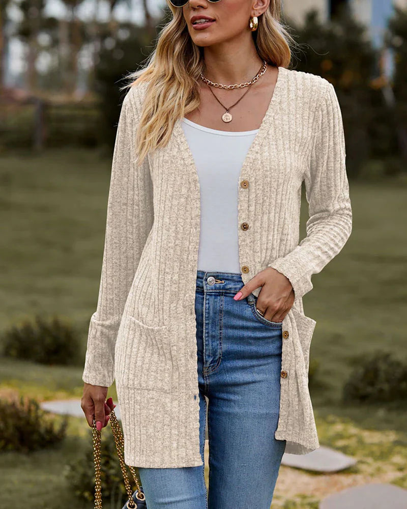 Women's Cardigan – Relaxed Fit – Ribbed Knit – Button Closure – Thigh Length – With Pockets