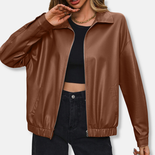 Women's Biker Jacket – PU Leather – Relaxed Fit – Short Length – Zipper – Snap Buttons