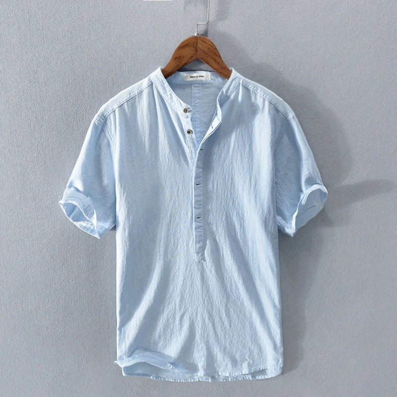 Men's Shirt with Short Sleeves – Relaxed Fit – Natural Fibers – Mandarin Collar
