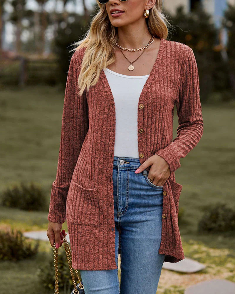 Women's Cardigan – Relaxed Fit – Ribbed Knit – Button Closure – Thigh Length – With Pockets