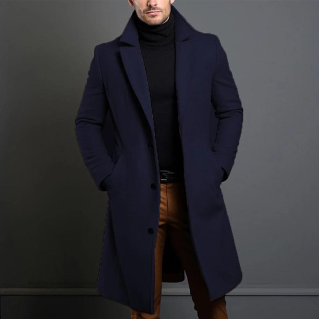Men's Coat - Classic Wool Blend - Button Closure - Tailored Fit - Long