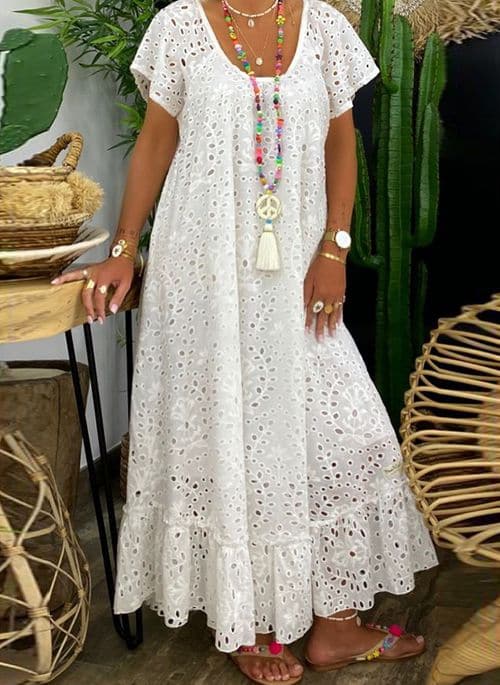 Women's Maxi Dress - Bohemian Style - Broderie Anglaise - V-neck - Airy and Comfortable